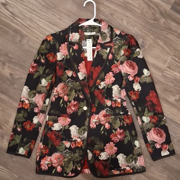 Alice + Olivia Breann Black Floral Slim-fit Blazor - Pink And Red - Size 6 - NWT - Picture 4 of 12
